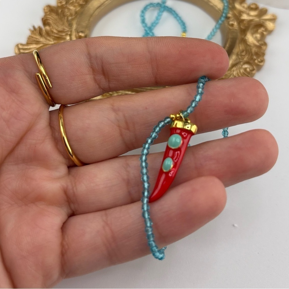 Turquoise Beaded Necklace with Red Horn Charm โจ - Picture 4 of 6